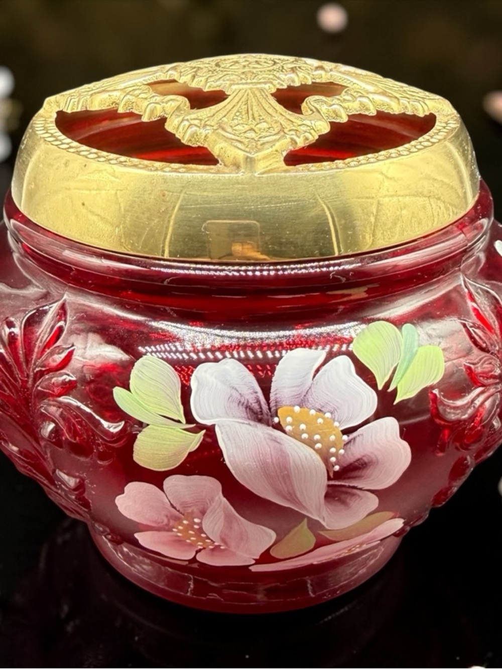 Fenton Art Glass Ruby Red Hand Painted Potpourri Jar Ornate Brass Lid Signed